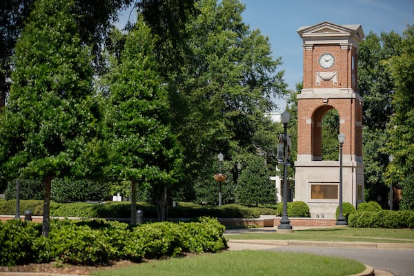 The clock tower at Malone-Hood plaza