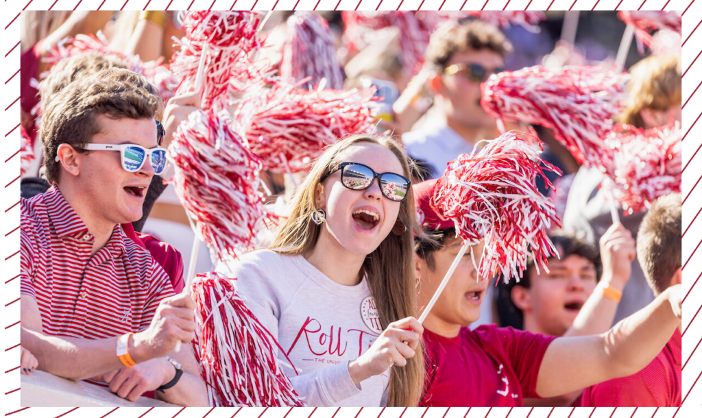 Students wave shakers and cheer in the crowd at a football game