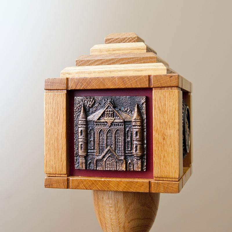 Ceremonial mace side showcasing Barefield College of Arts & Sciences